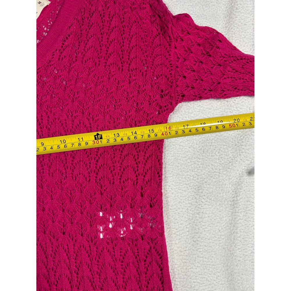 Hollister Women Hot Pink Pointelle V-Neck Open Knit Chevron Sweater Medium Lace - Picture 6 of 7